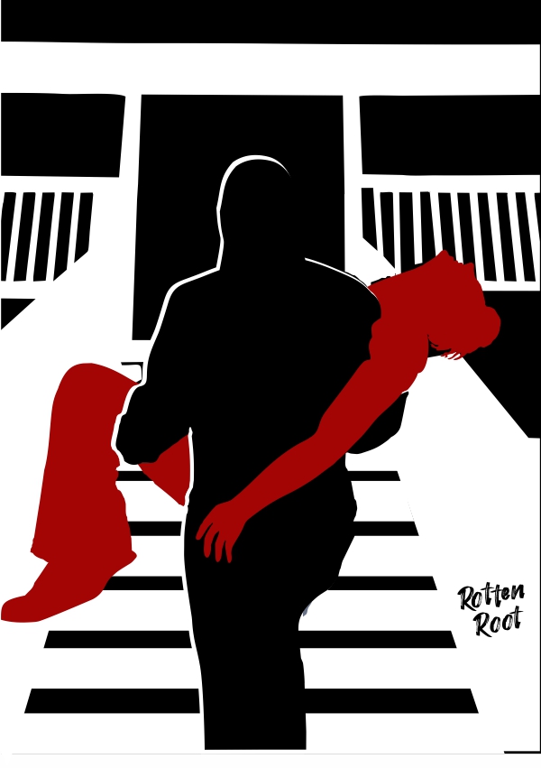 Ilustração com um fundo branco, no qual aparece a silhueta de um homem segurando com a mão direita uma garrafa verde reluzente. No chão, ao seu redor, estão espalhadas várias garrafasa silhueta de um homem, visto por trás, subindo uma escada e carregando outro homem desmaiado, A silhueta do homem desmaiado está em vermelho.